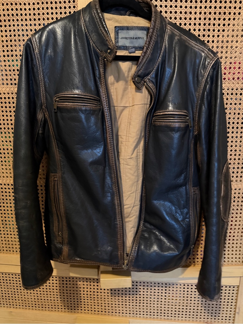 Johnston & Murphy Men Brown Distressed Leather Moto Racer Bomber Jacket Sz Med